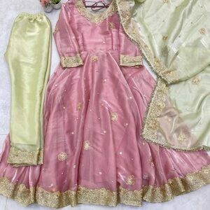 Indian Elegant Pink and Gold anarkali silk Costume